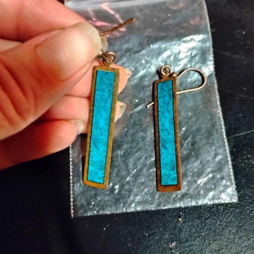Cast brass hangers with repurposed chrysocolla reconstituted stone!